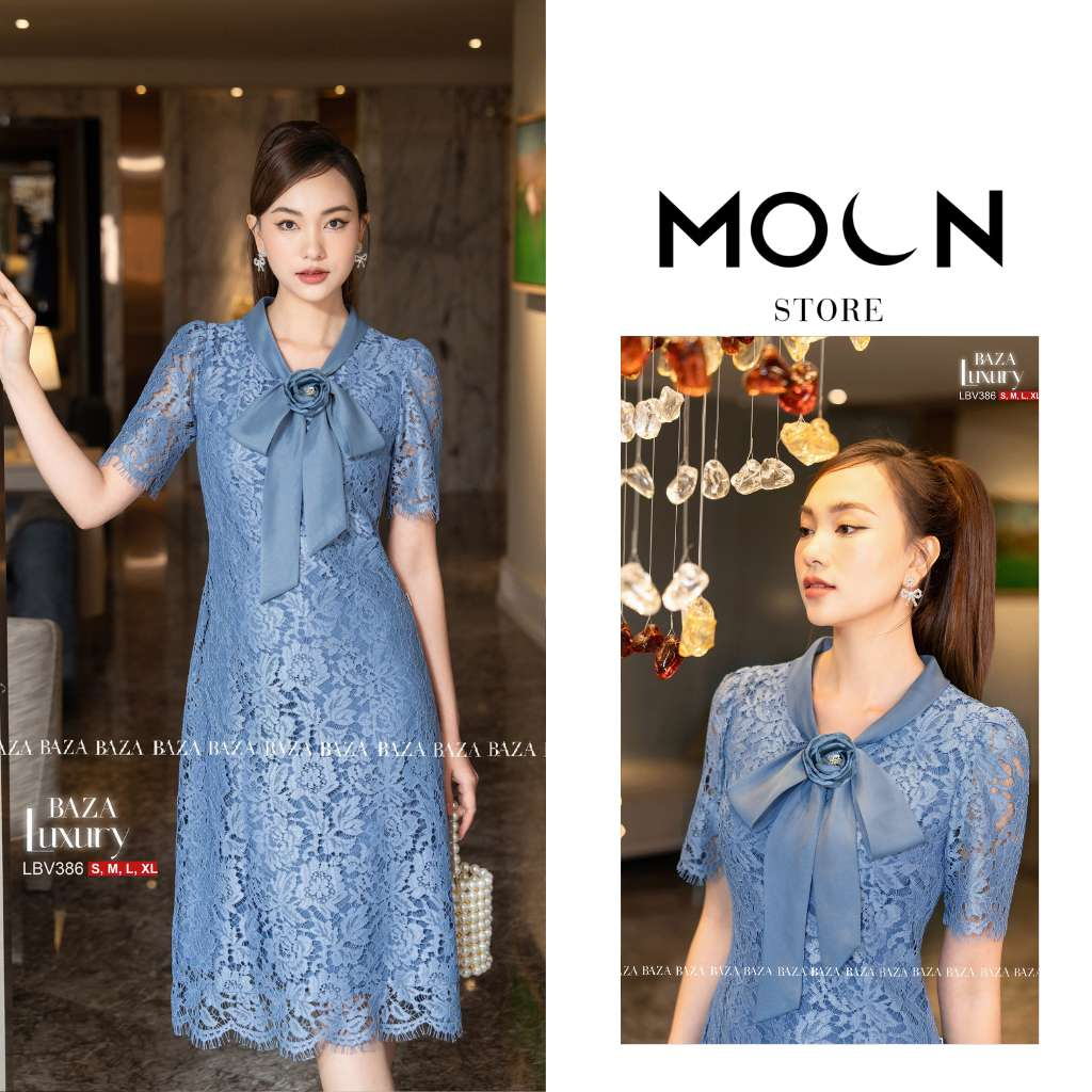 Váy công sở nữ liền thân, đầm xòe thiết kế thắt eo dáng dài sang chảnh, váy ren vân phối tơ nhũ cao cấp LBV386 Moon