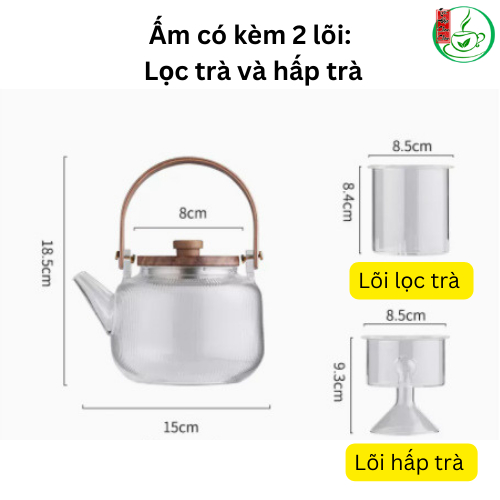 Ấm Chén Thủy Tinh, Bình Thủy Tinh 1000 ml Chịu Nhiệt Đun Trực Tiếp Trên Bếp Điện, Bếp Ga Nắp Quai Gỗ Cao Cấp