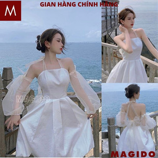 Đầm Yếm Gấm Xốp - Váy cổ yếm phối tay rời buộc nơ lưng voan mặc được nhiều kiểu xinh đẹp tiểu thư - MAGIDO V102