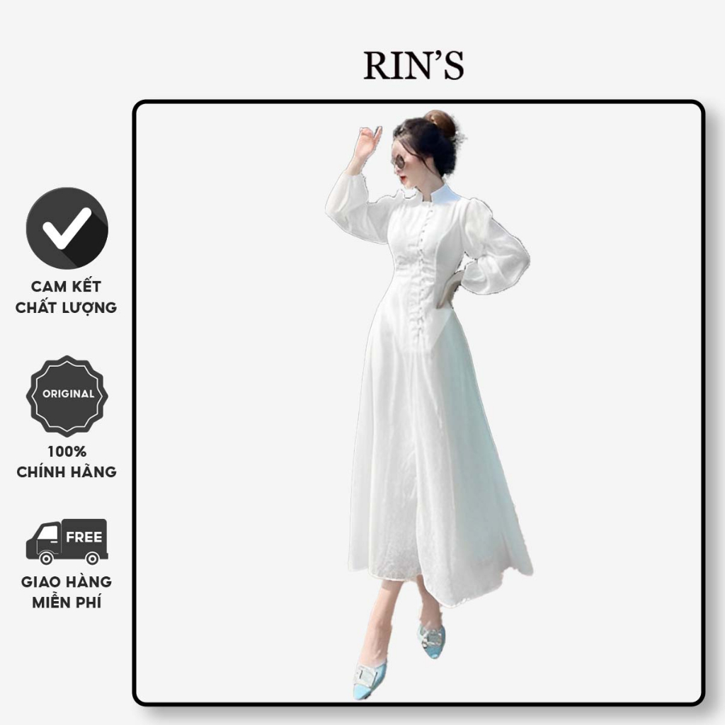Váy Đầm Nữ Trắng Dự Tiệc RIN’S ren hạt Quảng Châu V185 phong cách tiểu thư sang chảnh - Đầm Midi Công Sở 2 Lớp