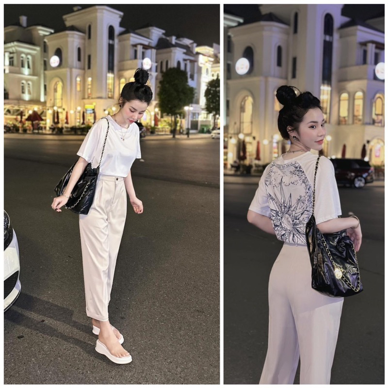 Set nữ áo phông trắng mix quần baggy be