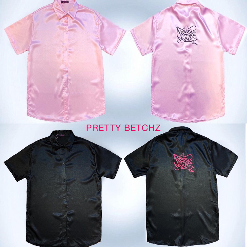 Áo sơ mi satin phi bóng dáng dài cộc tay Pretty