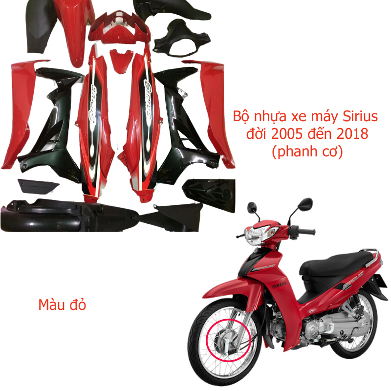 Bộ dàn áo Loại Phanh Cơ gắn xe SIRIUS đời 2005 đến 2018 màu ĐỎ CỜ , nhựa ABS nguyên sinh cao cấp