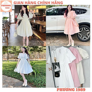 Váy gấm tiểu thư cổ tròn bèo ngực tay bồng điệu đà, Đầm nữ gấm xốp 3 màu xếp ly bồng bềnh kiểu dáng thời trang - 1989