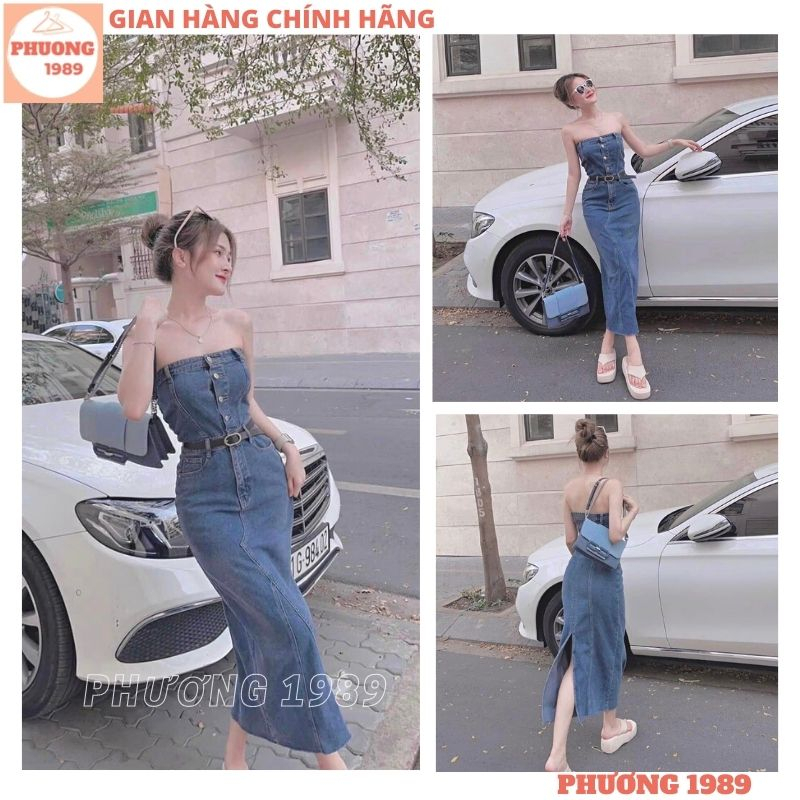 Váy bò cúp ngực dáng dài ôm body sexy quyến rũ cao cấp, Đầm jean denim quây lưng chun xẻ sau kèm đai thiết kế - 1989