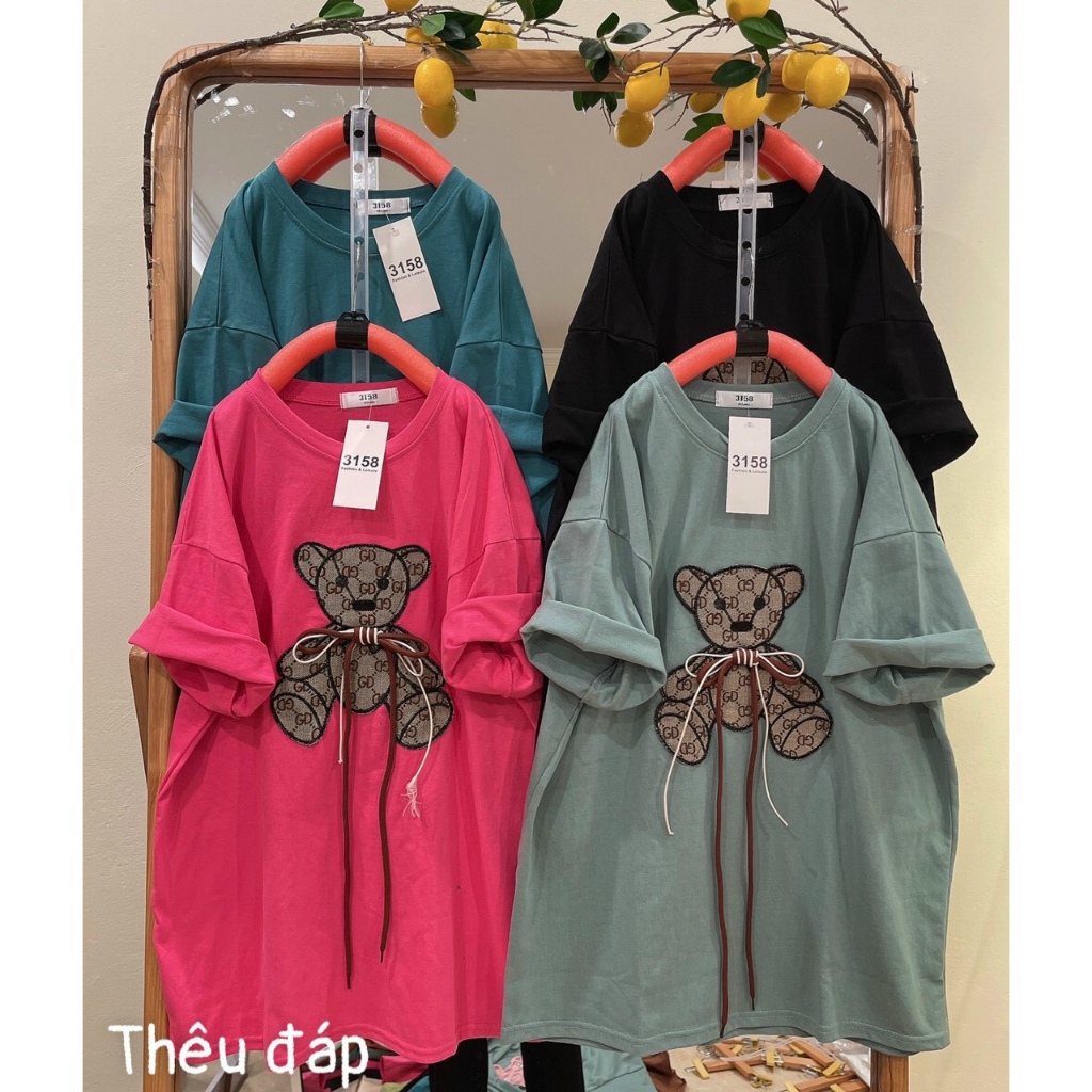 Áo thun nữ cổ tròn in hình gấu dây đáp thêu trẻ trung đơn giản chất thun cotton cao cấp hàng đẹp giá rẻ hot hit