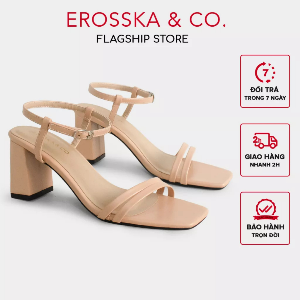 Erosska - Sandal cao gót mũi hở đế vuông phối dây quai mảnh cao 7cm màu nude _ EB063