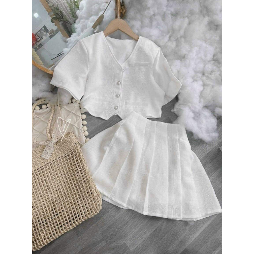 Set váy dạ Tweed kèm áo vest trắng basic siêu sang chảnh