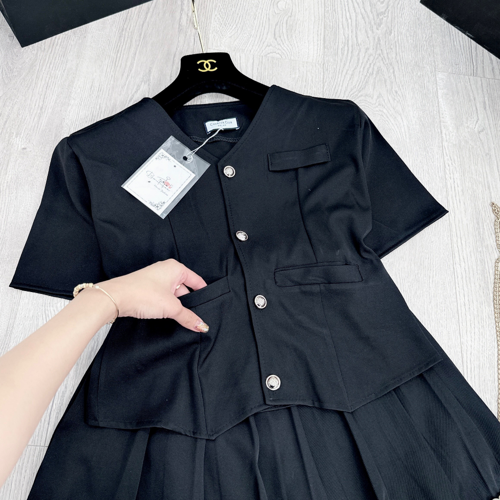Set váy dạ Tweed kèm áo vest trắng basic siêu sang chảnh