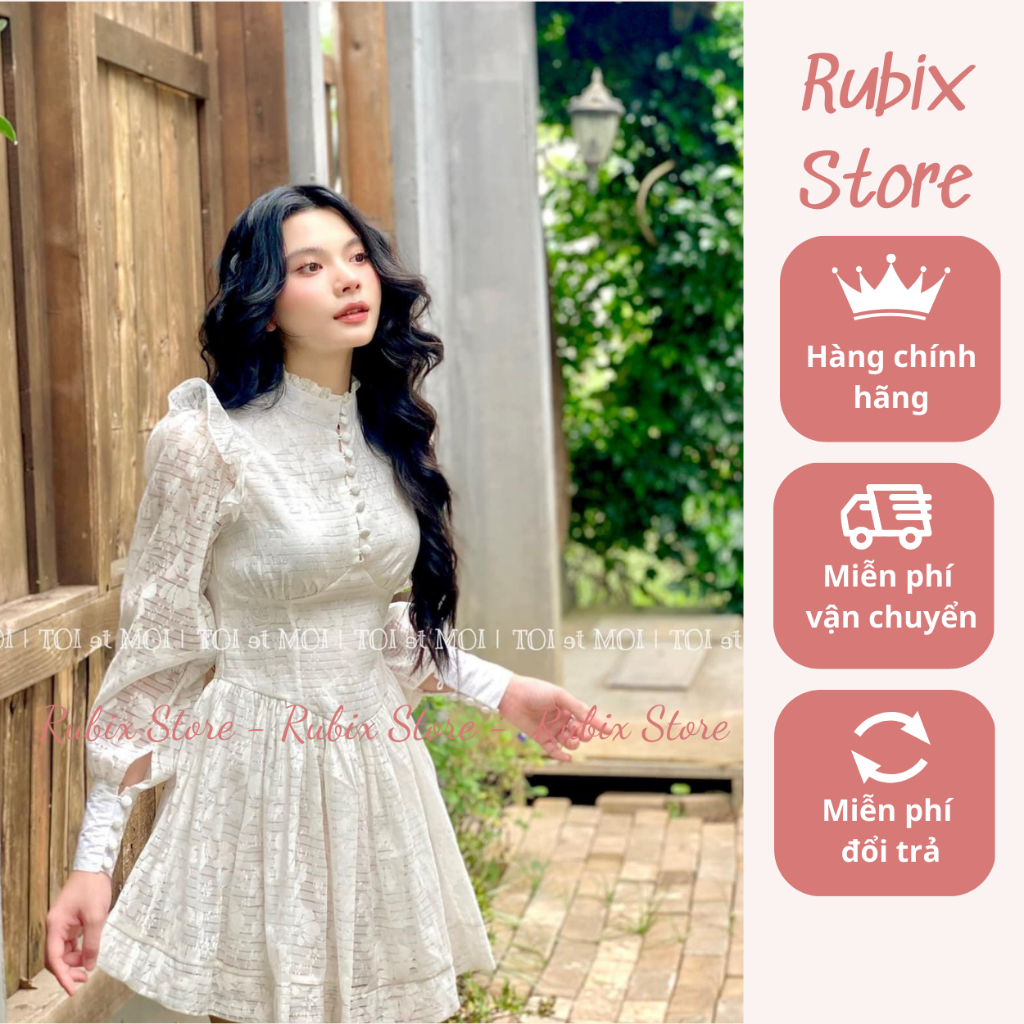 Váy Ren Xốp Khuy Bọc Tay Dài Hàng 2 Lớp Tiểu Thư- RUBIX STORES