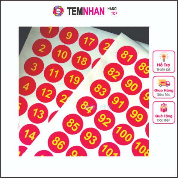 Tờ 100 tem số 1-100 tem nhãn dán decal hình tròn  size 15mm