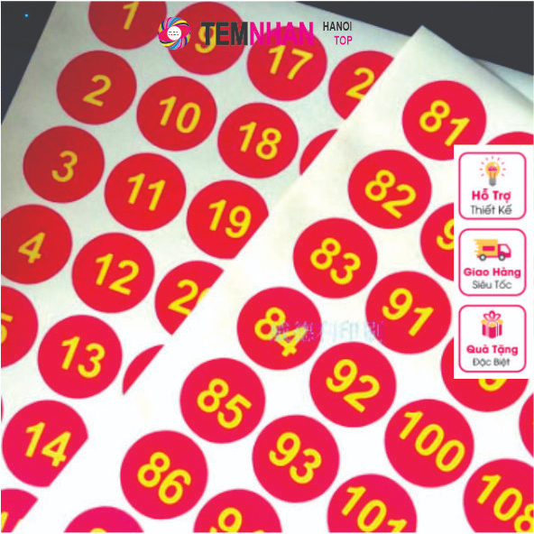 Tờ 100 tem số 1-100 tem nhãn dán decal hình tròn  size 15mm