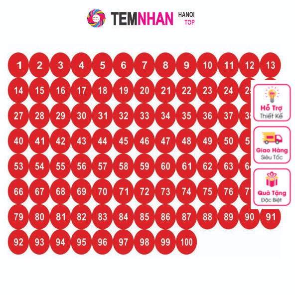 Tờ 100 tem số 1-100 tem nhãn dán decal hình tròn  size 15mm
