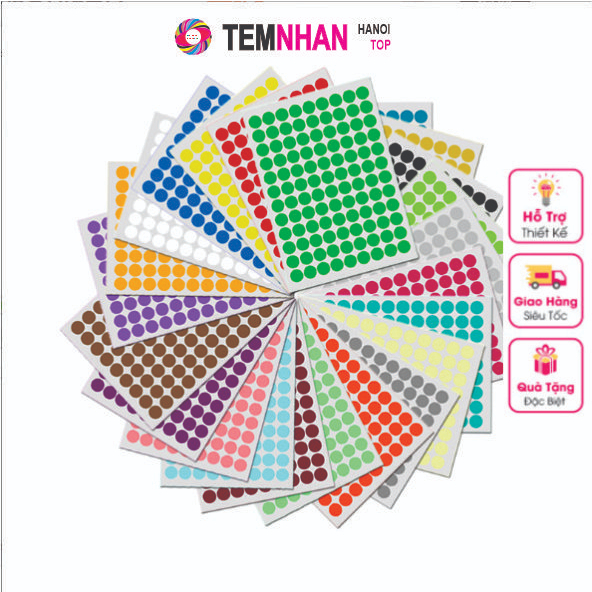 Tem nhãn dán decal Tờ 100 chấm tròn các size 10mm,15mm,20mm, 30mm