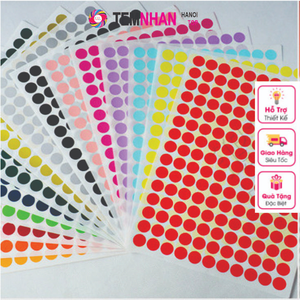 Tem nhãn dán decal Tờ 100 chấm tròn các size 10mm,15mm,20mm, 30mm