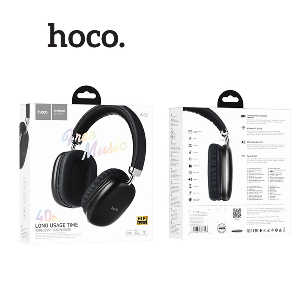 Tai Nghe Bluetooth V5.3 Hoco W35 pin khủng 400mAh có mút đệm hạn chế âm thanh phát ra, giảm đau tai khi sử dụng (ĐEN)