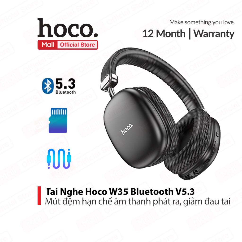 Tai Nghe Bluetooth V5.3 Hoco W35 pin khủng 400mAh có mút đệm hạn chế âm thanh phát ra, giảm đau tai khi sử dụng (ĐEN)