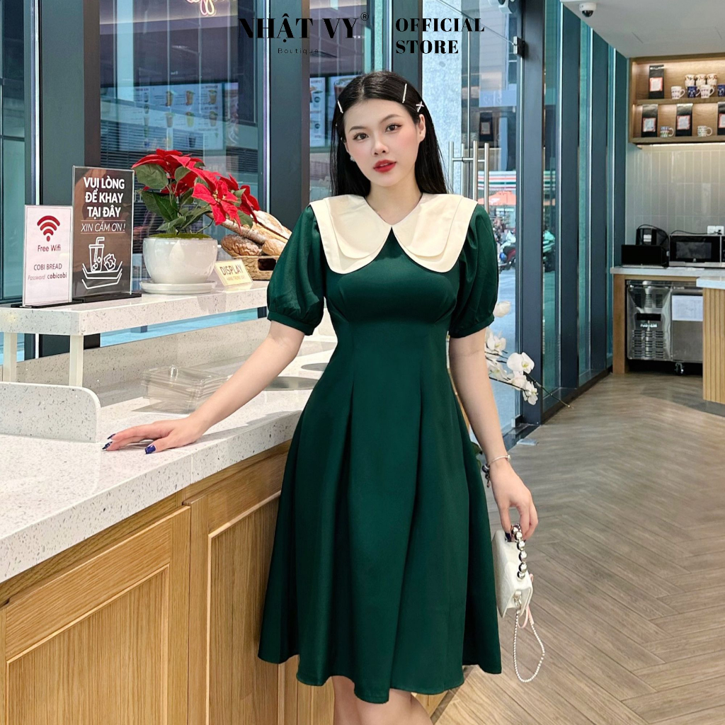 Đầm công sở Nhật Vy chiết eo tay phồng phối cổ 2 tầng chất lụa phù hợp đi chơi dạo phố cafe - D2693