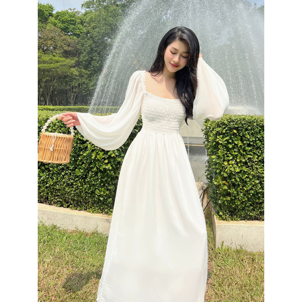 COLUS - Đầm von trắng tay phồng