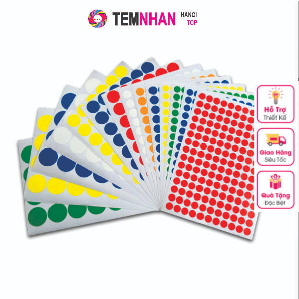Tem nhãn dán decal Tờ 100 chấm tròn các size 10mm,15mm,20mm, 30mm