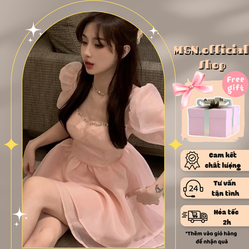 Set váy hồng voan đi tiệc tay phồng xếp tầng, đầm babydoll cúp ngực trễ vai sang chảnh tiểu thư