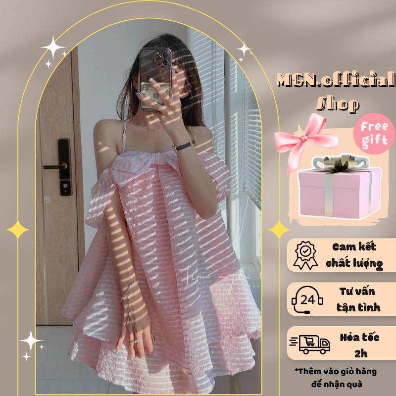 Đầm babydoll màu hồng 2 dây - Váy tiểu thư có nơ cổ yếm có mút trễ vai công chúa dễ thương