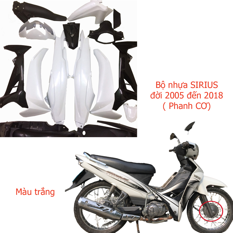 Dàn áo Màu Trắng Loại Phanh Cơ (Đùm) gắn xe SIRIUS đời 2005 đến 2018 nhựa ABS nguyên sinh cao cấp