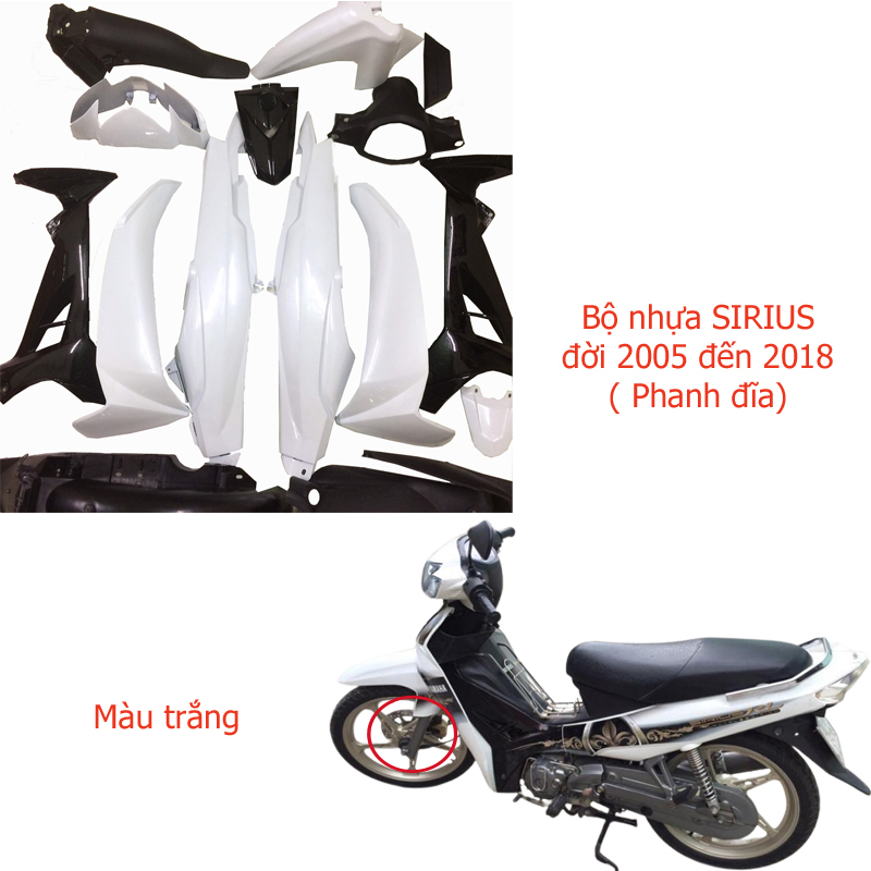 Dàn áo xe Loại Phanh Đĩa gắn xe SIRIUS đời 2005 đến 2018 màu TRẮNG , nhựa ABS nguyên sinh cao cấp