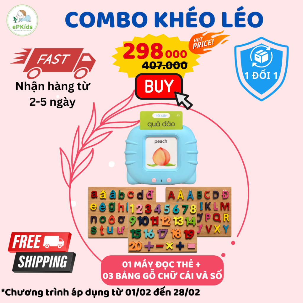 Combo 1 máy đọc thẻ và 3 bảng gỗ chữ cái in hoa, in thường và số