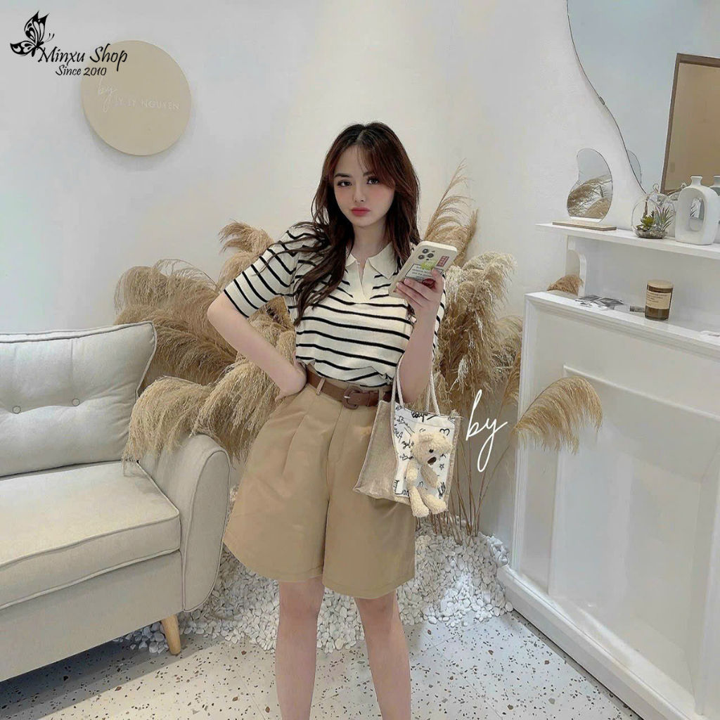Áo len kẻ cổ bẻ bo gấu ngắn tay len mịn mỏng co giãn mặc mùa hè mát Minxu shop PG18