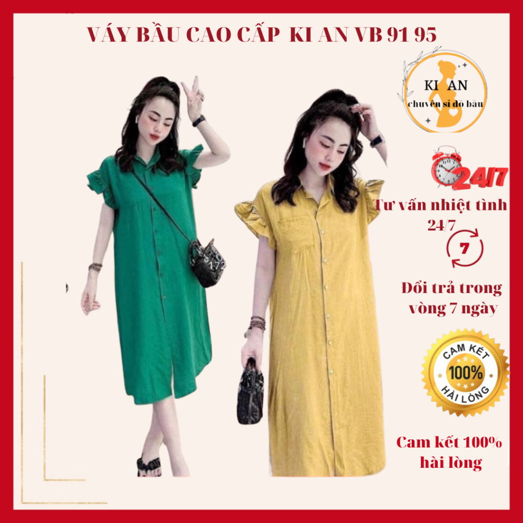 Váy Bầu sơ mi dáng xuông dài-tay bèo bồng điệu đà-phù hợp mặc đi làm công sở,đi chơi- Hàng loại 1- chất đũi Hàn-freesize