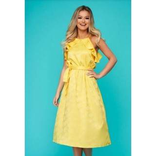 Đầm midi Jennifer gấm lụa hoa nổi jacquard hàng auth xách EU đầm dáng dài cổ yếm viền bèo vnxk xuất khẩu dư xịn