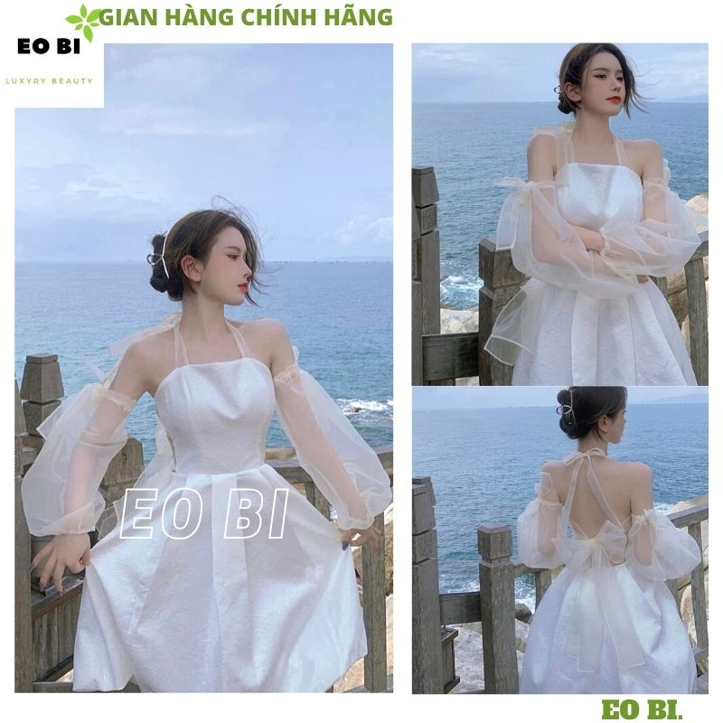 Váy gấm babydoll cổ yếm tay tháo rời mặc được 2 kiểu điệu đà, Đầm nữ dáng ngắn 2 lớp phối voan tơ buộc nơ sau - EOBI