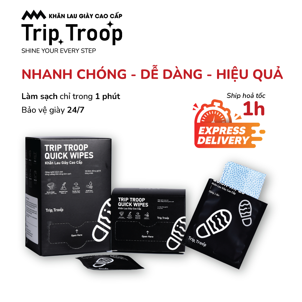 Khăn lau giày du lịch không cồn Trip Troop Vệ sinh giày sneaker, giày da Không bạc màu giày Hương thơm nha đam dễ chịu