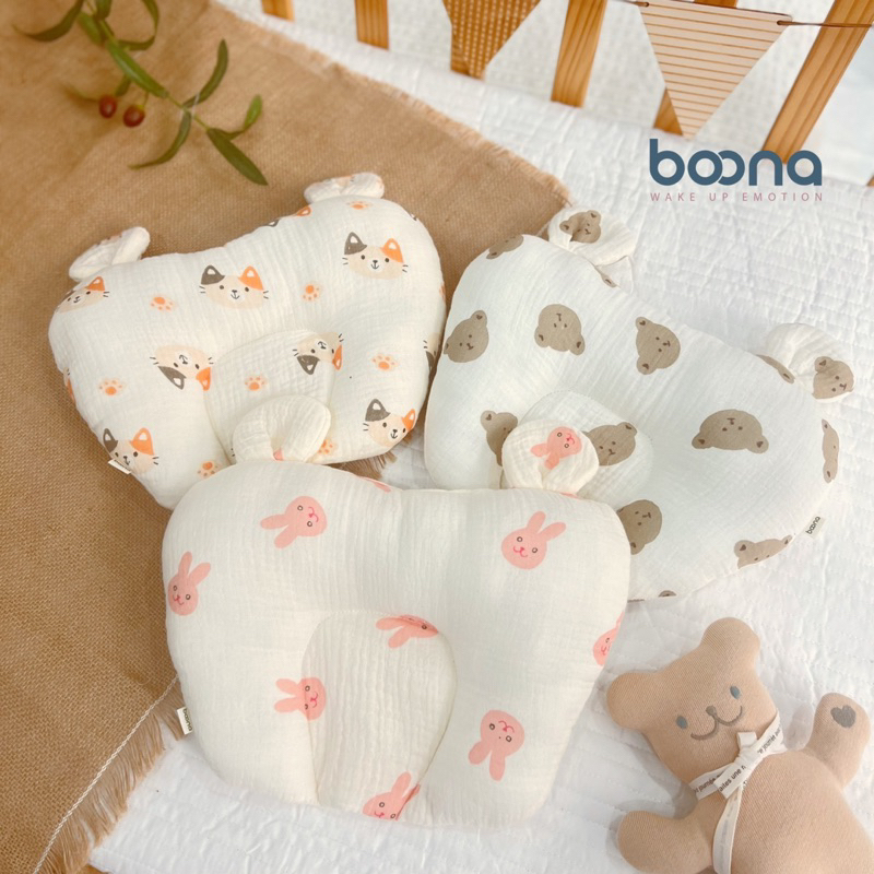 Gối xô sơ sinh cho bé Boona  hình tim tai gấu vải Muslin cao cấp chống méo đầu, êm ái, thoải mái cho bé nằm