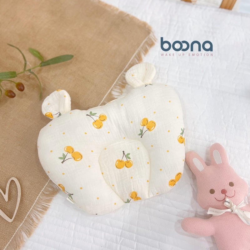 Gối xô sơ sinh cho bé Boona  hình tim tai gấu vải Muslin cao cấp chống méo đầu, êm ái, thoải mái cho bé nằm