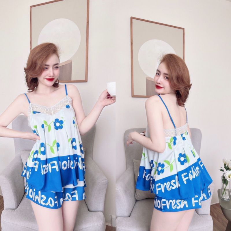 Set đồ mặc nhà nữ 2 dây quần đùi dáng áo baby doll xếp ly trẻ trung năng động. họa tiết cùng gam màu tươi tắn mát mẻ đây