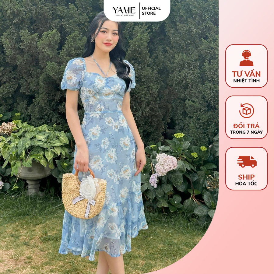 Váy hoa đuôi cá thắt nơ ngực, váy hoa xanh đi biển YV170 YAME