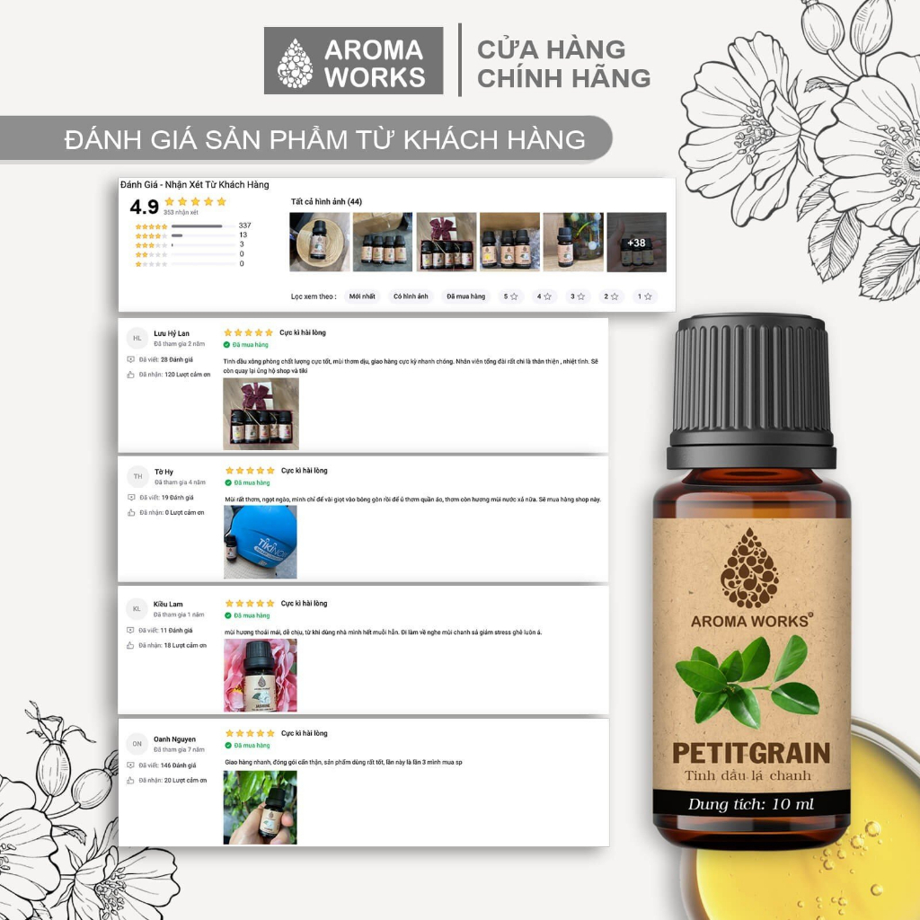 Tinh Dầu Thiên Nhiên Lá Chanh Aroma Works xông phòng, dễ ngủ, đuổi muỗi, thanh lọc không khí - Petitgrain