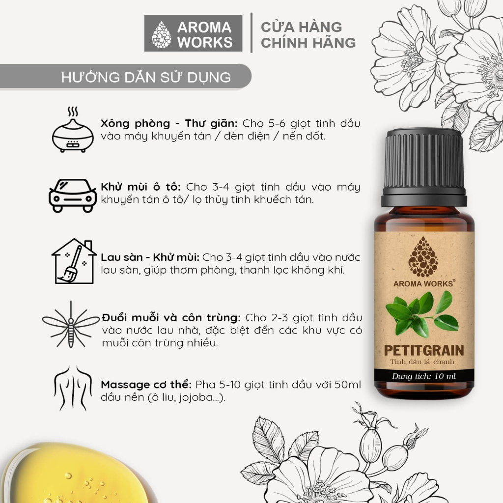 Tinh Dầu Thiên Nhiên Lá Chanh Aroma Works xông phòng, dễ ngủ, đuổi muỗi, thanh lọc không khí - Petitgrain