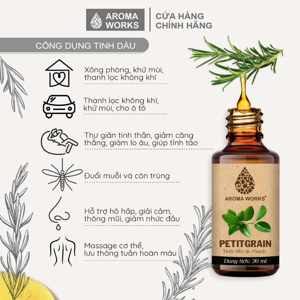 Tinh Dầu Thiên Nhiên Lá Chanh Aroma Works xông phòng, dễ ngủ, đuổi muỗi, thanh lọc không khí - Petitgrain