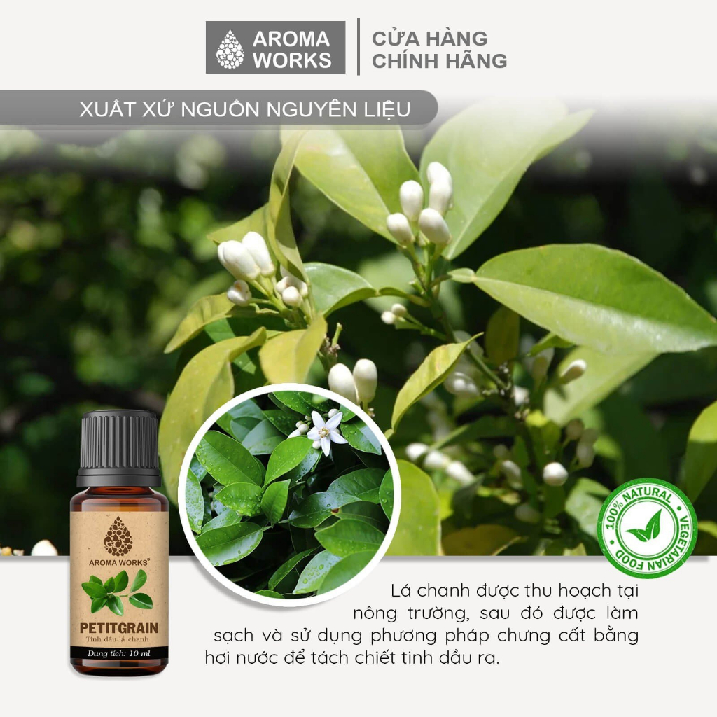 Tinh Dầu Thiên Nhiên Lá Chanh Aroma Works xông phòng, dễ ngủ, đuổi muỗi, thanh lọc không khí - Petitgrain