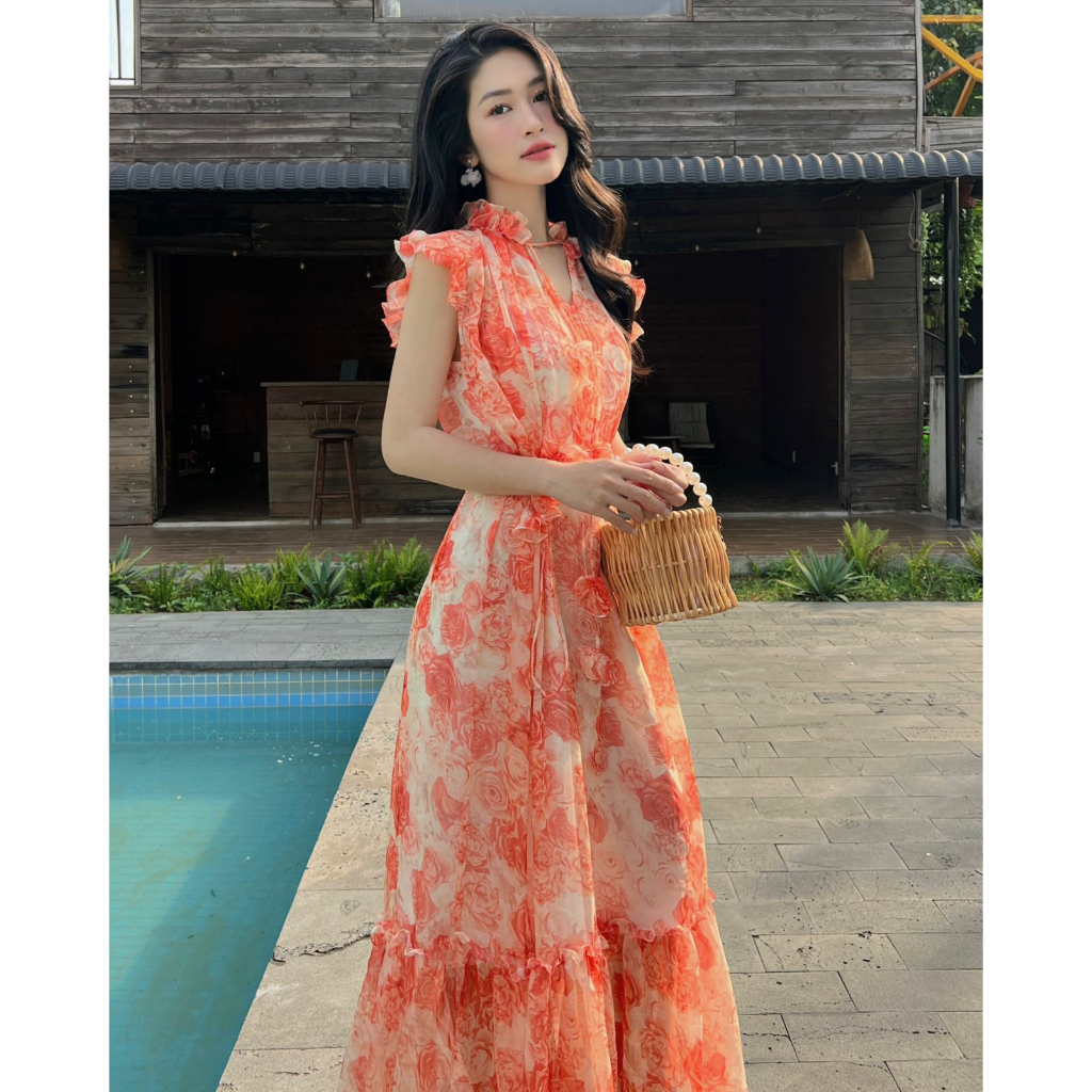 COLUS - Đầm maxi hoa cam chất voan tơ