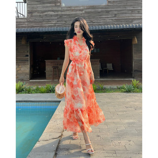 COLUS - Đầm maxi hoa cam chất voan tơ