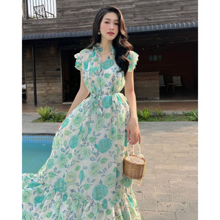 COLUS - Đầm maxi hoa xanh chất voan tơ