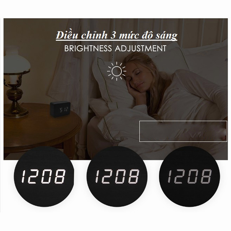 Đồng Hồ Gỗ Báo Thức Hình Vuông đa chức năng + Tặng kèm pin  - Có Nhiệt Kế, Decor bàn làm việc, bàn học
