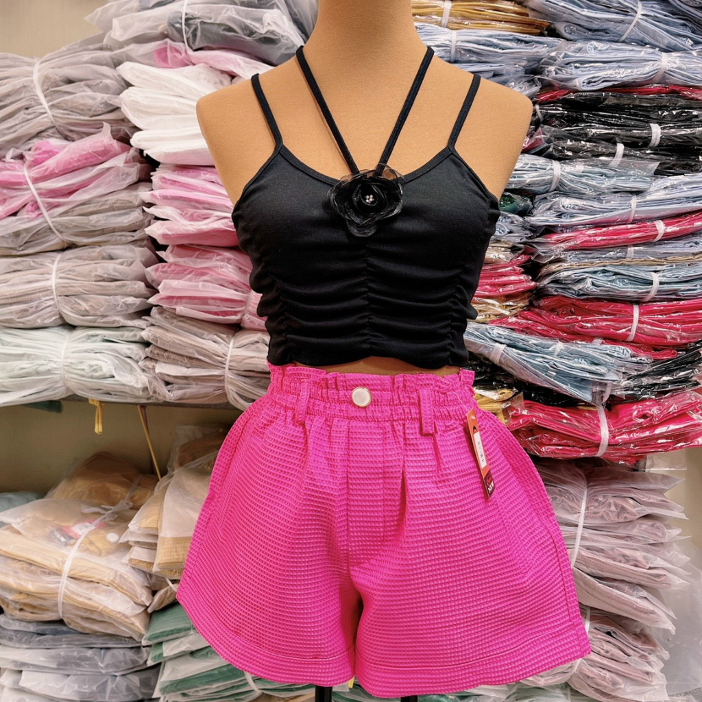 Áo 2 dây cổ yếm hoa hồng nhún thân lai dợn sóng croptop TU