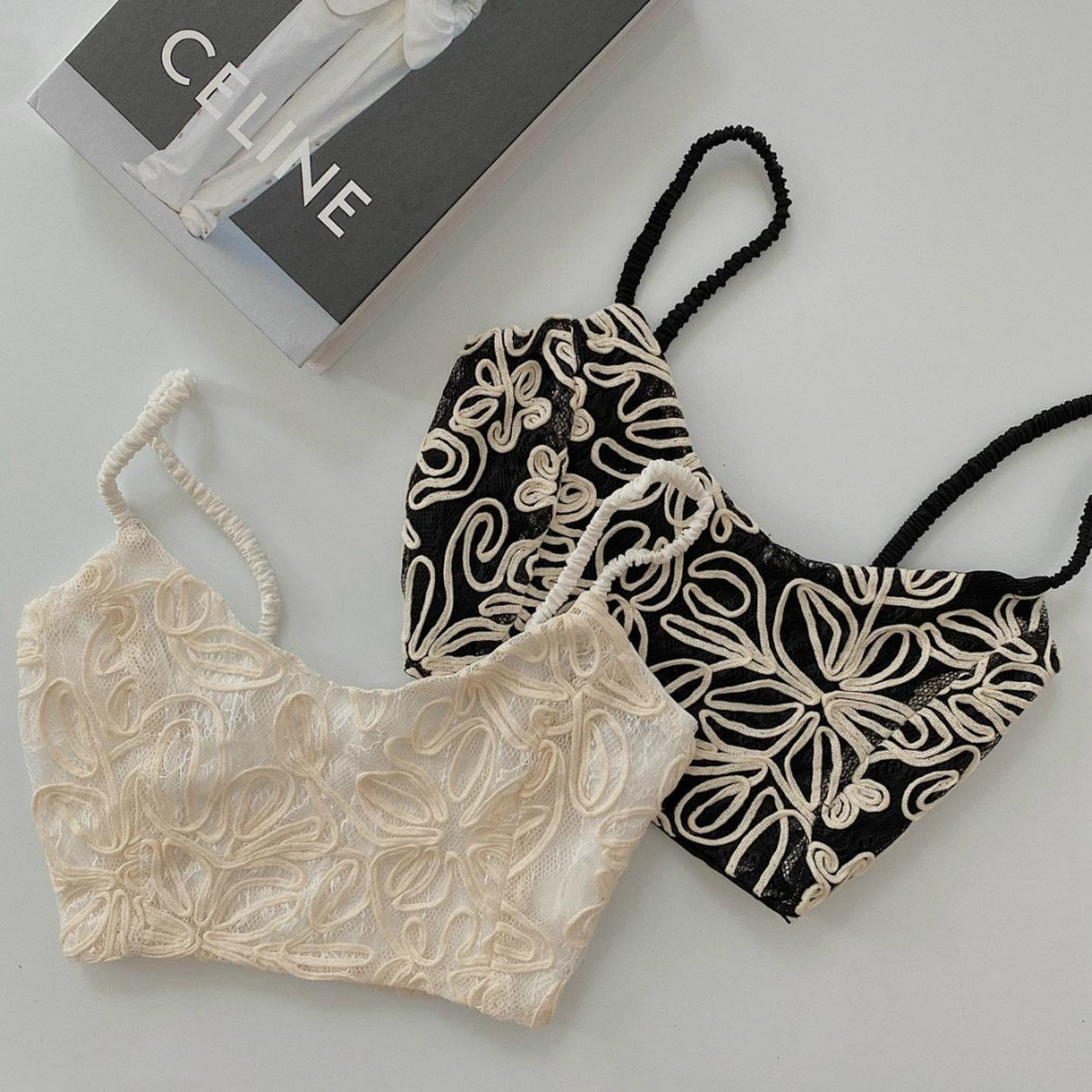 Áo hai dây bra cổ tim croptop vải ren hoa văn nổi Quảng châu 2 màu tuyệt đẹp TU