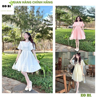 Váy gấm tiểu thư cổ tròn bèo ngực tay bồng điệu đà, Đầm nữ gấm xốp 3 màu xếp ly bồng bềnh kiểu dáng thời trang - EOBI