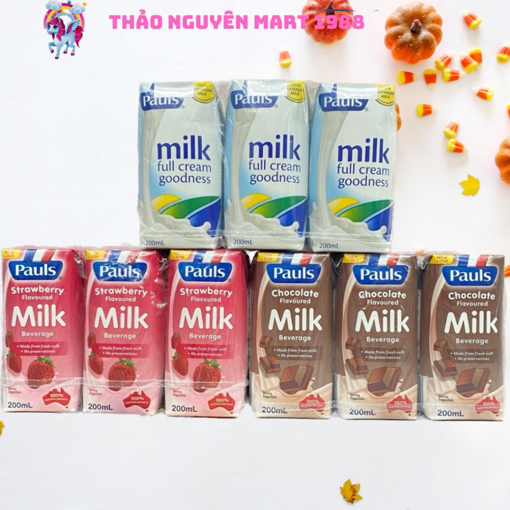 1 thùng sữa tươi PAULS ÚC (24 hộp x 200ml) vị socola, nguyên kem, dâu